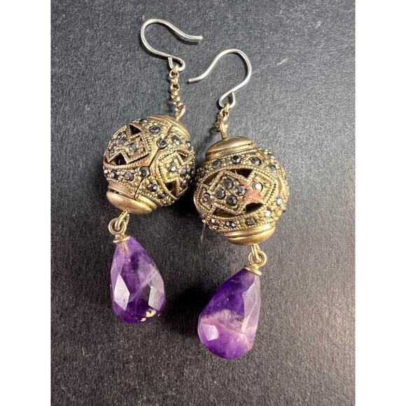 Vintage amethyst and marcasite sterling silver dangle earrings - Picture 13 of 16